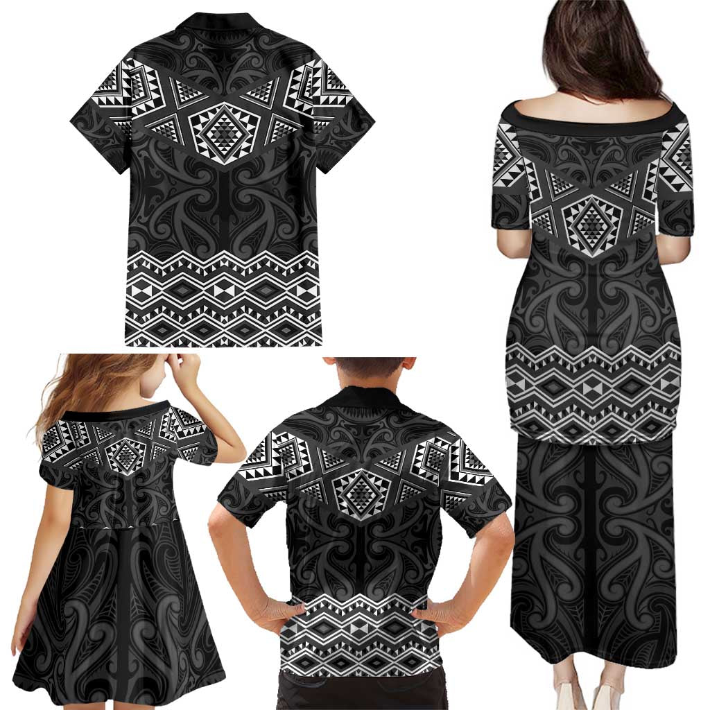 New Zealand Aotearoa Family Matching Puletasi and Hawaiian Shirt Black Taniko Art Maori Pattern LT05 - Polynesian Pride