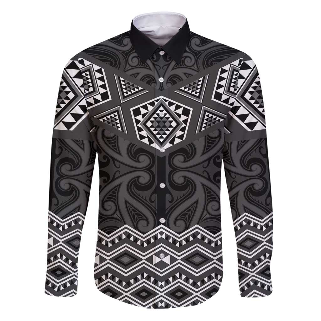 New Zealand Aotearoa Family Matching Puletasi and Hawaiian Shirt Black Taniko Art Maori Pattern LT05 Dad's Shirt - Long Sleeve Black - Polynesian Pride