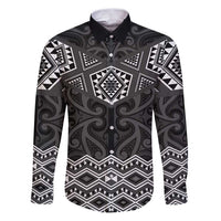 New Zealand Aotearoa Family Matching Puletasi and Hawaiian Shirt Black Taniko Art Maori Pattern LT05 Dad's Shirt - Long Sleeve Black - Polynesian Pride