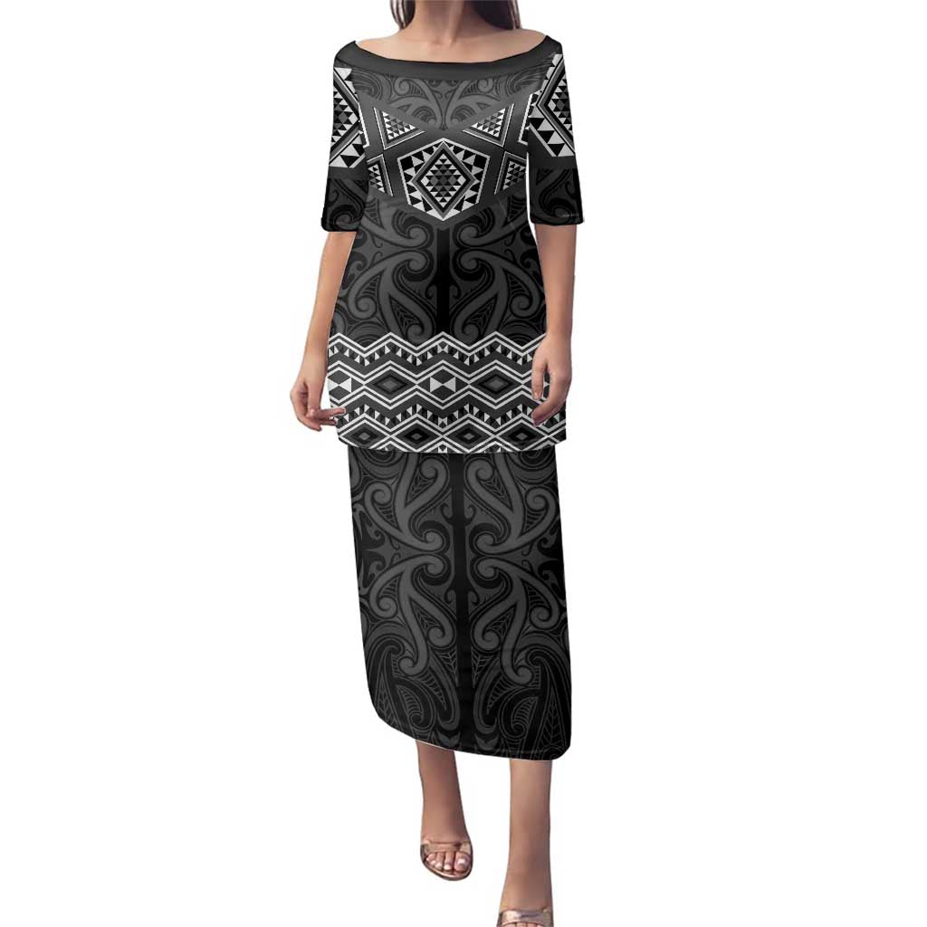 New Zealand Aotearoa Family Matching Puletasi and Hawaiian Shirt Black Taniko Art Maori Pattern LT05 Mom's Dress Black - Polynesian Pride