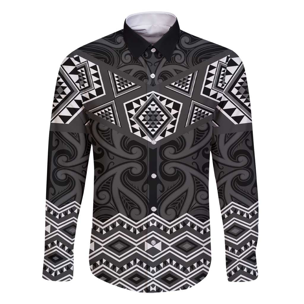 New Zealand Aotearoa Family Matching Short Sleeve Bodycon Dress and Hawaiian Shirt Black Taniko Art Maori Pattern LT05 Dad's Shirt - Long Sleeve Black - Polynesian Pride