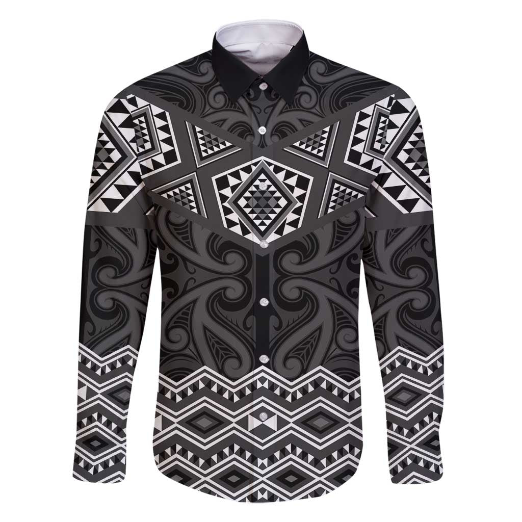 New Zealand Aotearoa Family Matching Summer Maxi Dress and Hawaiian Shirt Black Taniko Art Maori Pattern LT05 Dad's Shirt - Long Sleeve Black - Polynesian Pride