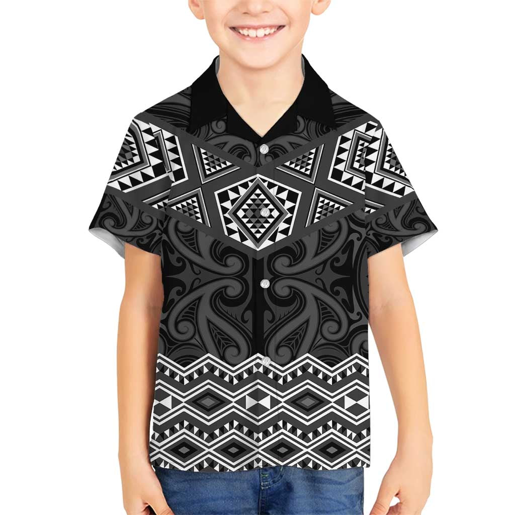 New Zealand Aotearoa Family Matching Tank Maxi Dress and Hawaiian Shirt Black Taniko Art Maori Pattern LT05 Son's Shirt Black - Polynesian Pride