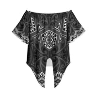 New Zealand Aotearoa Off Shoulder Wrap Waist Top Black Taniko Art Maori Pattern LT05 Black - Polynesian Pride
