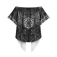 New Zealand Aotearoa Off Shoulder Wrap Waist Top Black Taniko Art Maori Pattern LT05 - Polynesian Pride