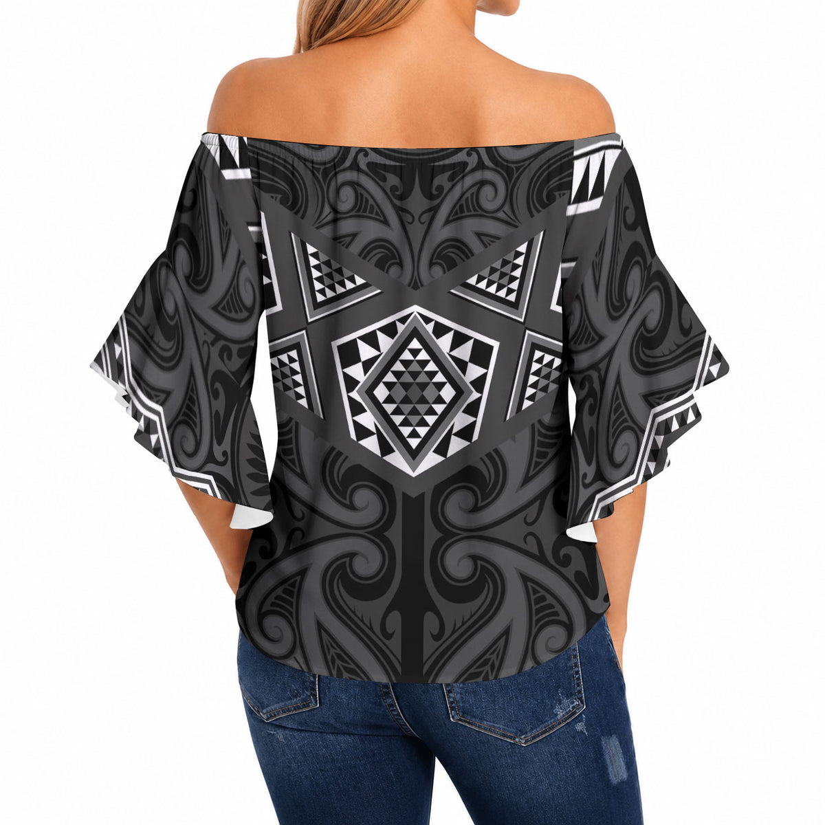 New Zealand Aotearoa Off Shoulder Wrap Waist Top Black Taniko Art Maori Pattern LT05 - Polynesian Pride