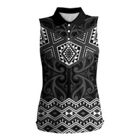 New Zealand Aotearoa Women Sleeveless Polo Shirt Black Taniko Art Maori Pattern LT05 Female Black - Polynesian Pride
