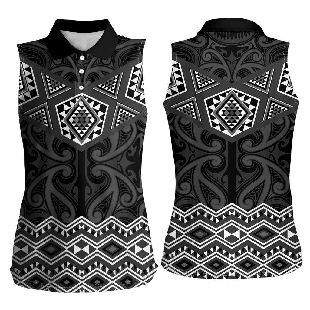 New Zealand Aotearoa Women Sleeveless Polo Shirt Black Taniko Art Maori Pattern LT05 - Polynesian Pride