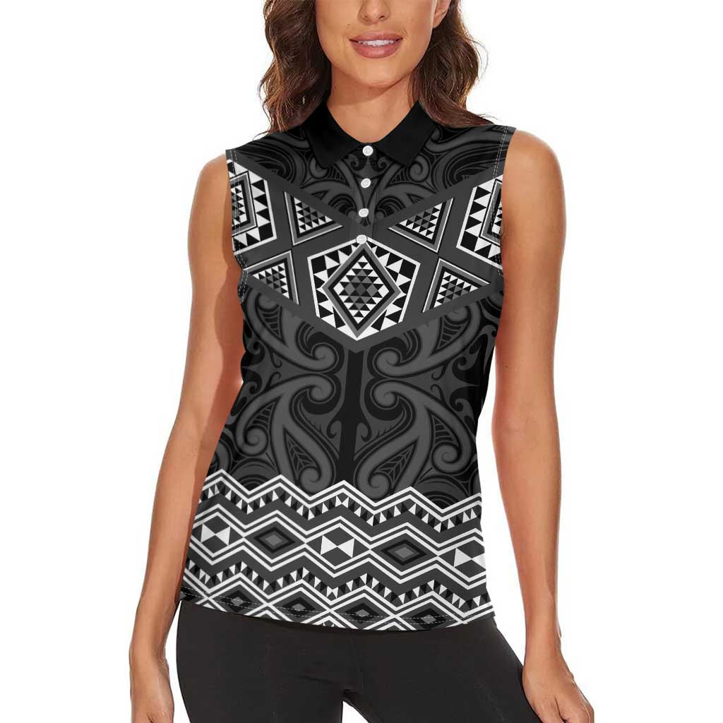 New Zealand Aotearoa Women Sleeveless Polo Shirt Black Taniko Art Maori Pattern LT05 - Polynesian Pride