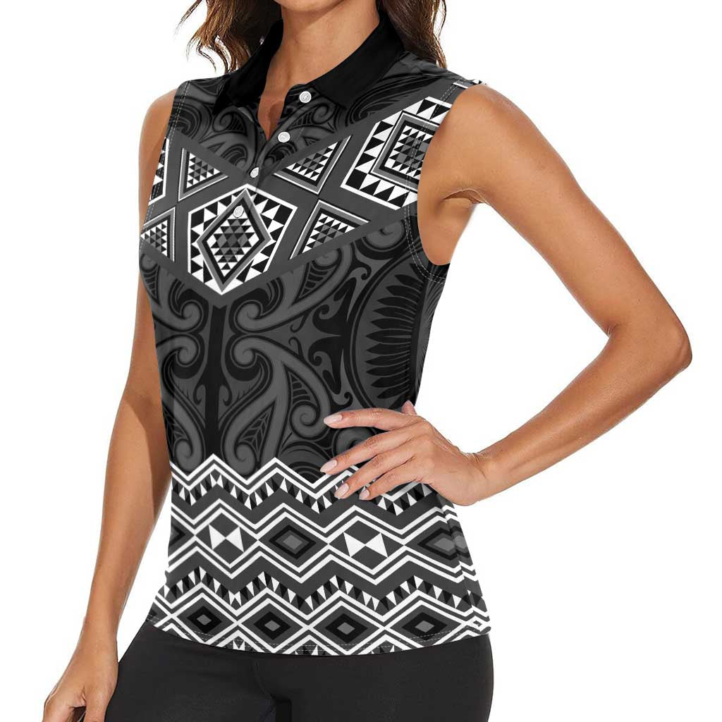New Zealand Aotearoa Women Sleeveless Polo Shirt Black Taniko Art Maori Pattern LT05 - Polynesian Pride