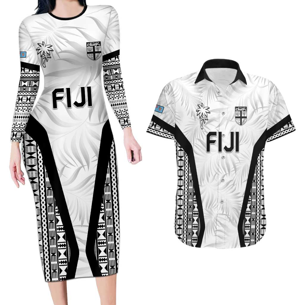 Custom Fiji 2026 Rugby Couples Matching Long Sleeve Bodycon Dress and Hawaiian Shirt Fijian Tapa Pattern LT05 White - Polynesian Pride