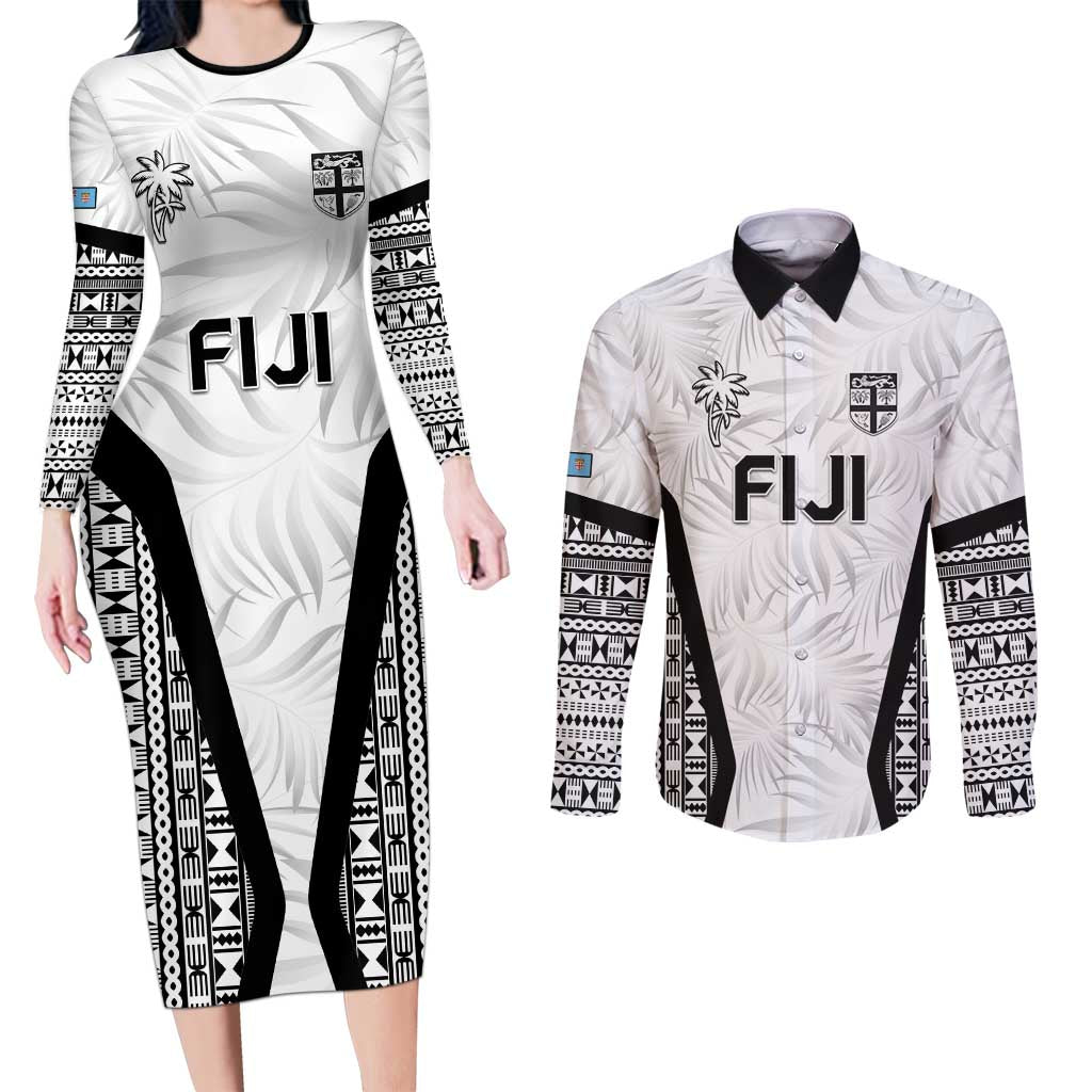 Custom Fiji 2026 Rugby Couples Matching Long Sleeve Bodycon Dress and Long Sleeve Button Shirt Fijian Tapa Pattern LT05 White - Polynesian Pride