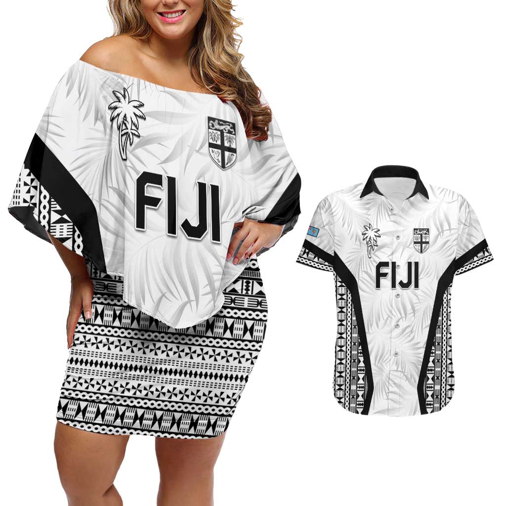 Custom Fiji 2026 Rugby Couples Matching Off Shoulder Short Dress and Hawaiian Shirt Fijian Tapa Pattern LT05 White - Polynesian Pride