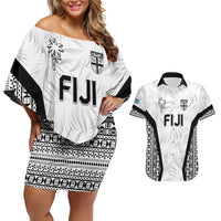 Custom Fiji 2026 Rugby Couples Matching Off Shoulder Short Dress and Hawaiian Shirt Fijian Tapa Pattern LT05 White - Polynesian Pride