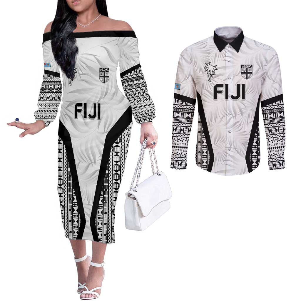 Custom Fiji 2026 Rugby Couples Matching Off The Shoulder Long Sleeve Dress and Long Sleeve Button Shirt Fijian Tapa Pattern LT05 White - Polynesian Pride