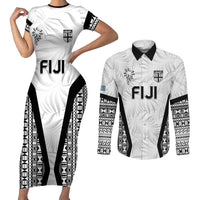 Custom Fiji 2026 Rugby Couples Matching Short Sleeve Bodycon Dress and Long Sleeve Button Shirt Fijian Tapa Pattern LT05 White - Polynesian Pride