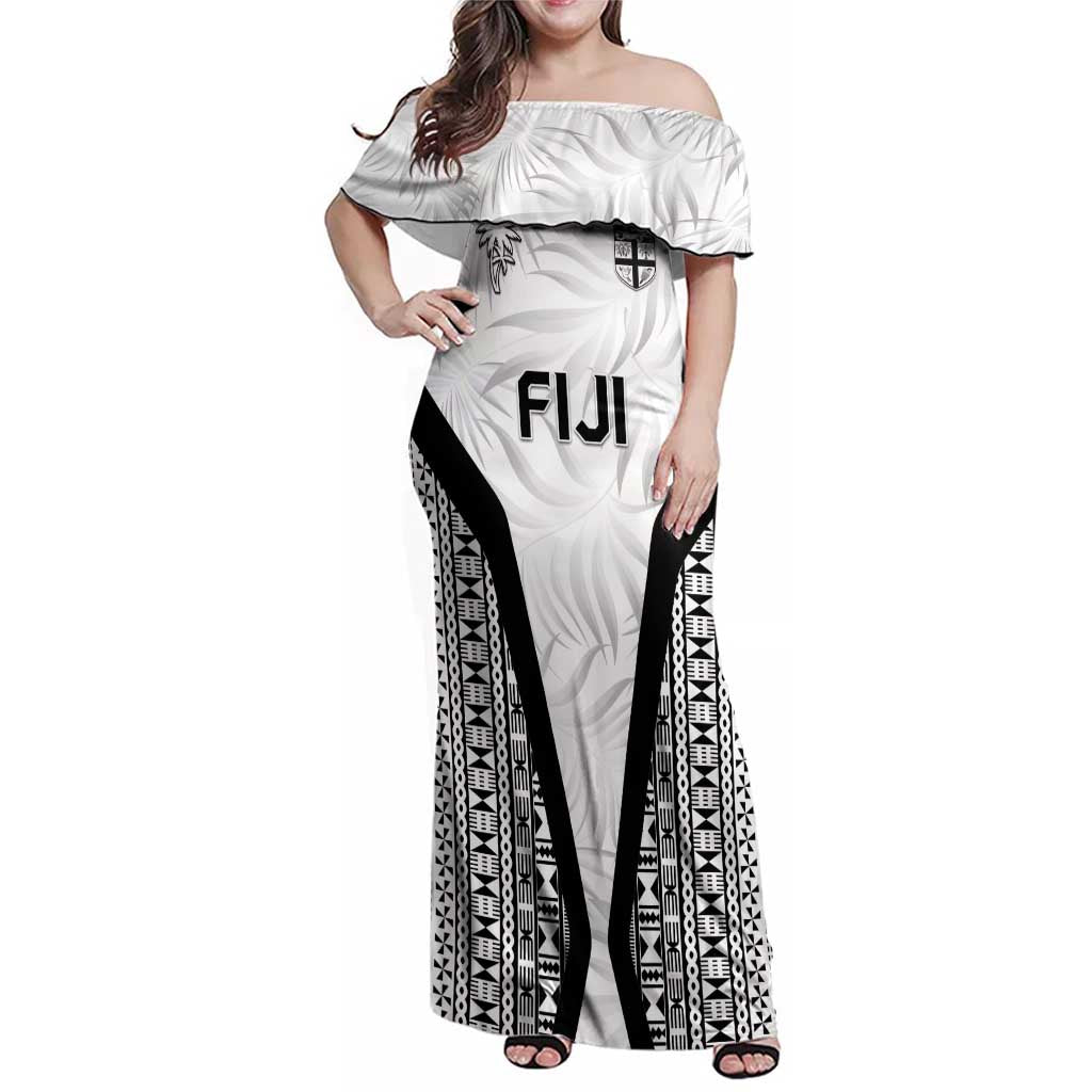 Custom Fiji 2026 Rugby Family Matching Off Shoulder Maxi Dress and Hawaiian Shirt Fijian Tapa Pattern LT05 Mom's Dress White - Polynesian Pride