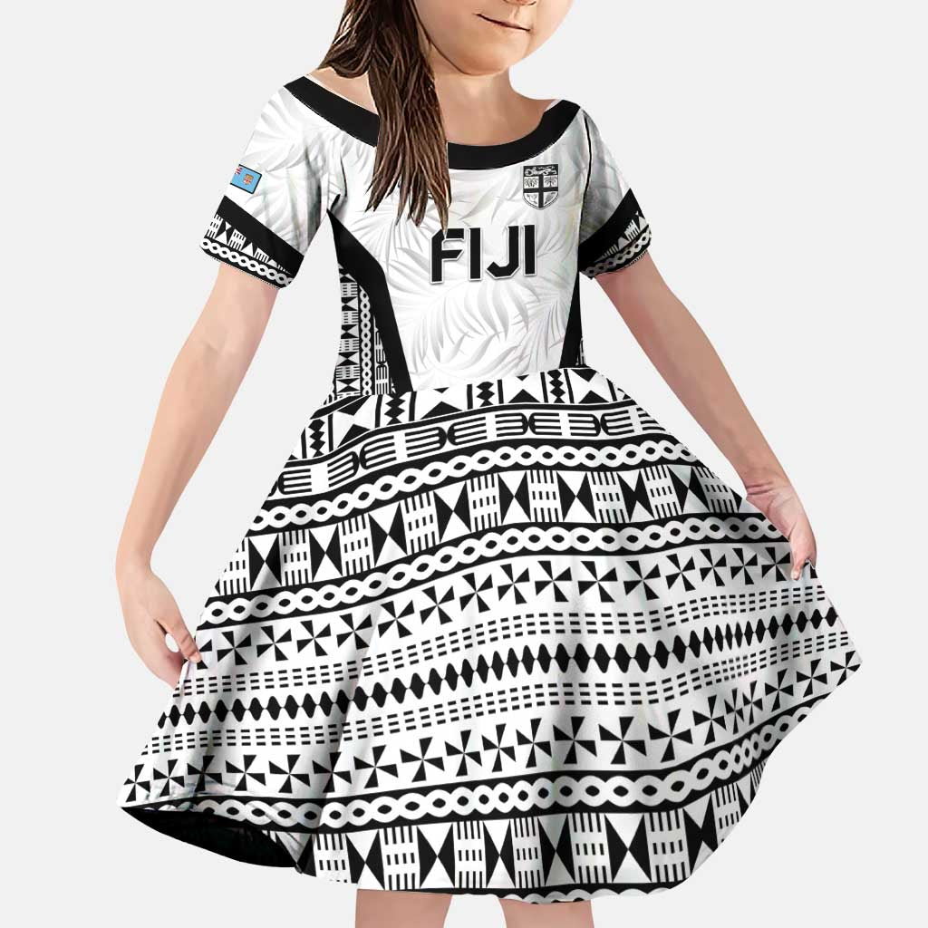 Custom Fiji 2026 Rugby Family Matching Off Shoulder Short Dress and Hawaiian Shirt Fijian Tapa Pattern LT05 Daughter's Dress White - Polynesian Pride