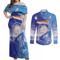 Personalised Marshall Islands Remembrance Day Couples Matching Off Shoulder Maxi Dress and Long Sleeve Button Shirt We Will Always Remember LT05 Blue - Polynesian Pride