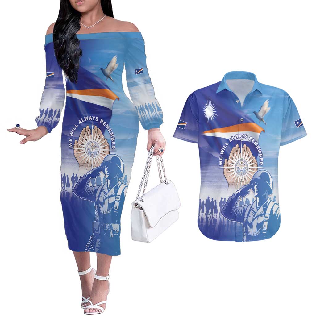 Personalised Marshall Islands Remembrance Day Couples Matching Off The Shoulder Long Sleeve Dress and Hawaiian Shirt We Will Always Remember