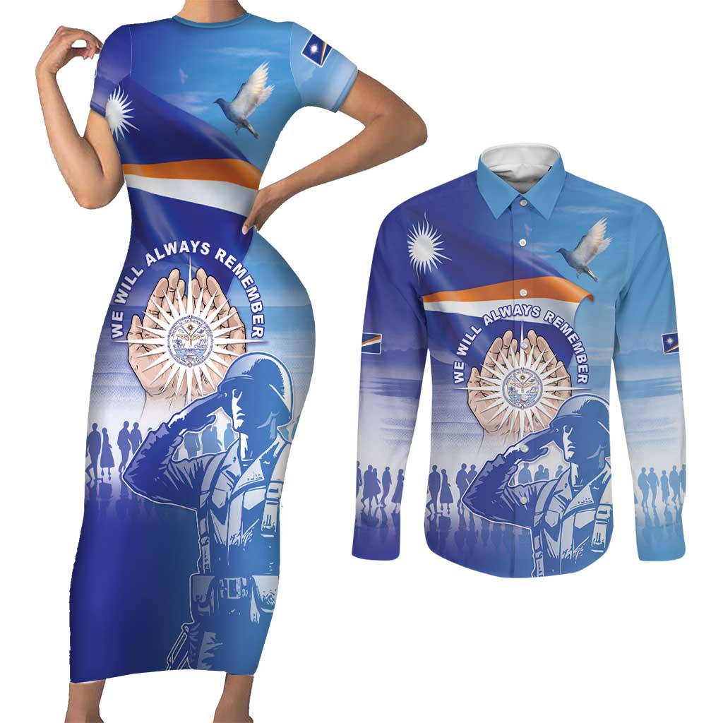 Personalised Marshall Islands Remembrance Day Couples Matching Short Sleeve Bodycon Dress and Long Sleeve Button Shirt We Will Always Remember