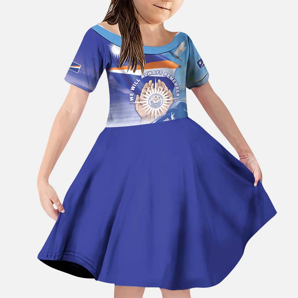 Personalised Marshall Islands Remembrance Day Family Matching Off The Shoulder Long Sleeve Dress and Hawaiian Shirt We Will Always Remember LT05 Daughter's Dress Blue - Polynesian Pride