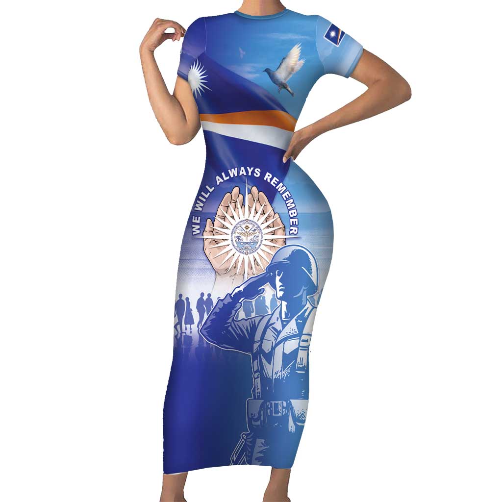 Personalised Marshall Islands Remembrance Day Family Matching Short Sleeve Bodycon Dress and Hawaiian Shirt We Will Always Remember LT05 Mom's Dress Blue - Polynesian Pride