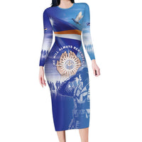 Personalised Marshall Islands Remembrance Day Long Sleeve Bodycon Dress We Will Always Remember LT05 Long Dress Blue - Polynesian Pride
