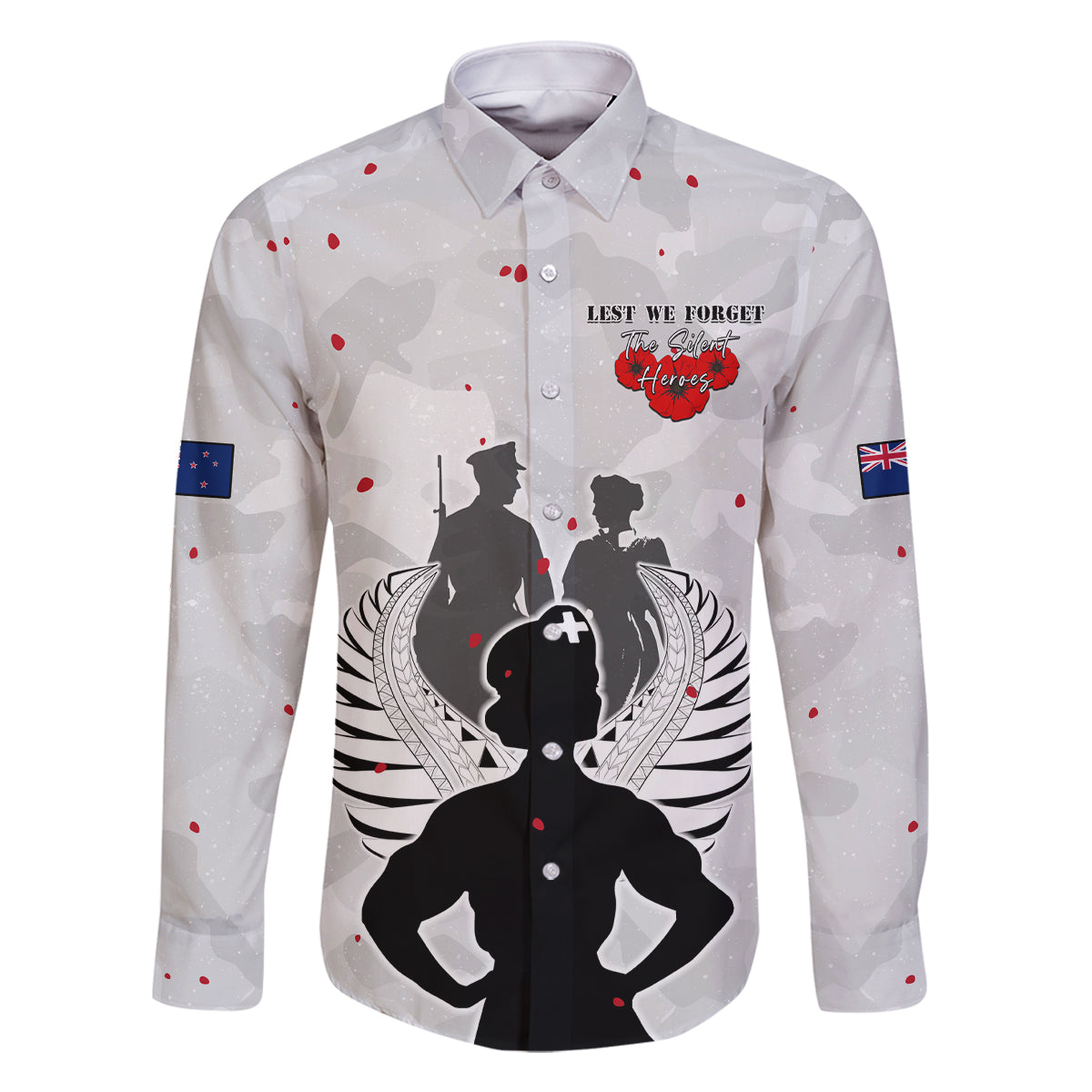 New Zealand ANZAC Day Family Matching Off Shoulder Maxi Dress and Hawaiian Shirt For The Nurse Lest We Forget LT05 Dad's Shirt - Long Sleeve White - Polynesian Pride