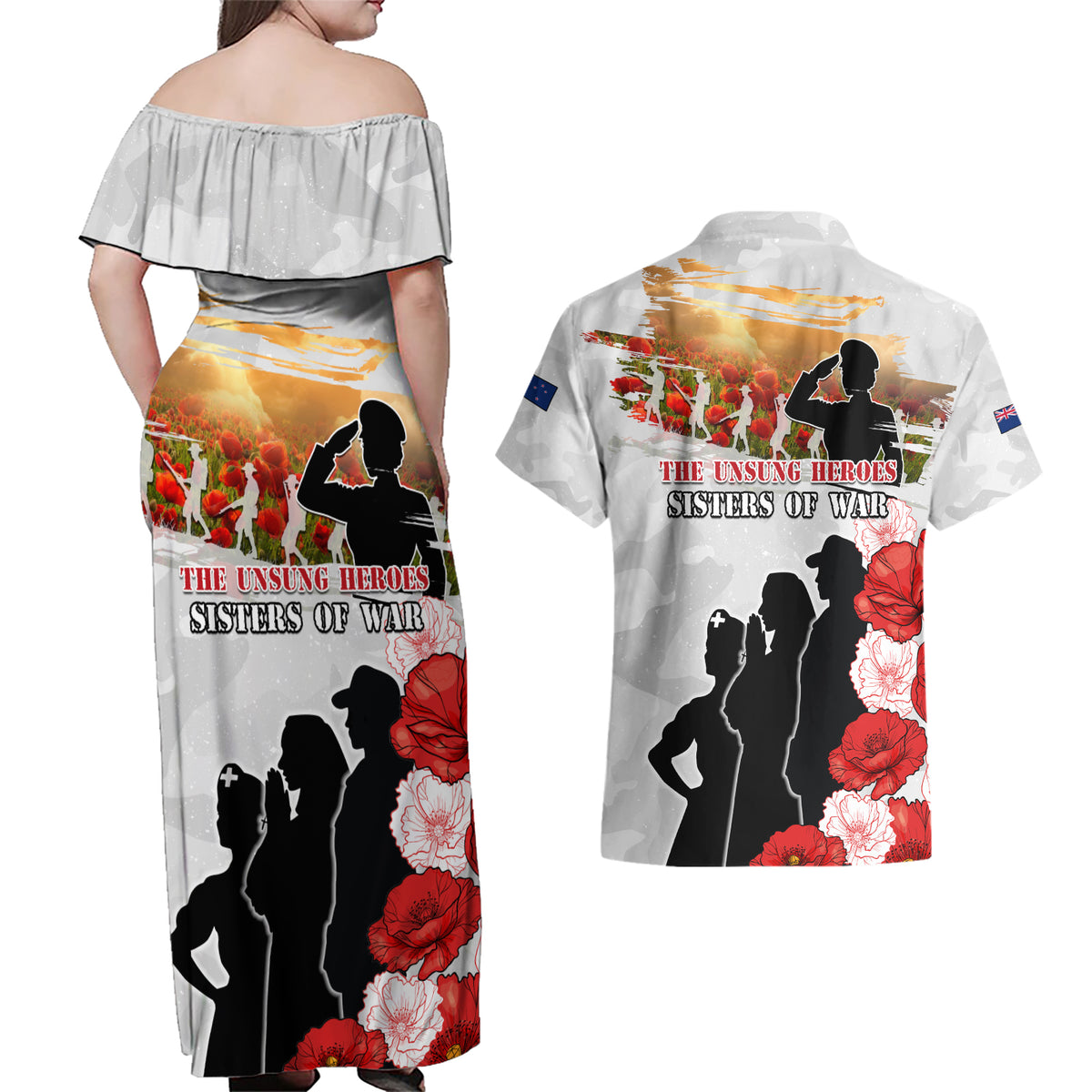 New Zealand ANZAC Day Couples Matching Off Shoulder Maxi Dress and Hawaiian Shirt The Unsung Heroes Sisters of War LT05 - Polynesian Pride