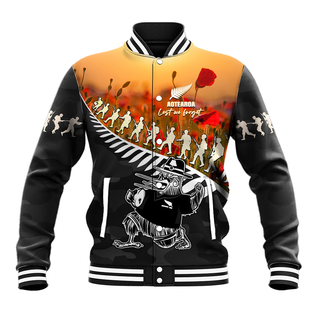 New Zealand ANZAC Rugby Baseball Jacket Soldier Fern With Kiwi Bird LT05 Unisex Black - Polynesian Pride