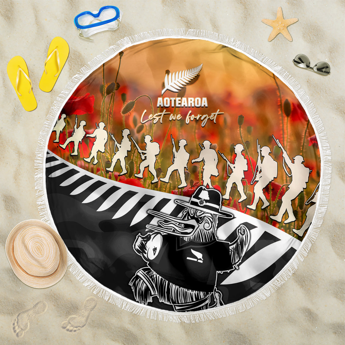 New Zealand ANZAC Rugby Beach Blanket Soldier Fern With Kiwi Bird LT05 One Size 150cm Black - Polynesian Pride