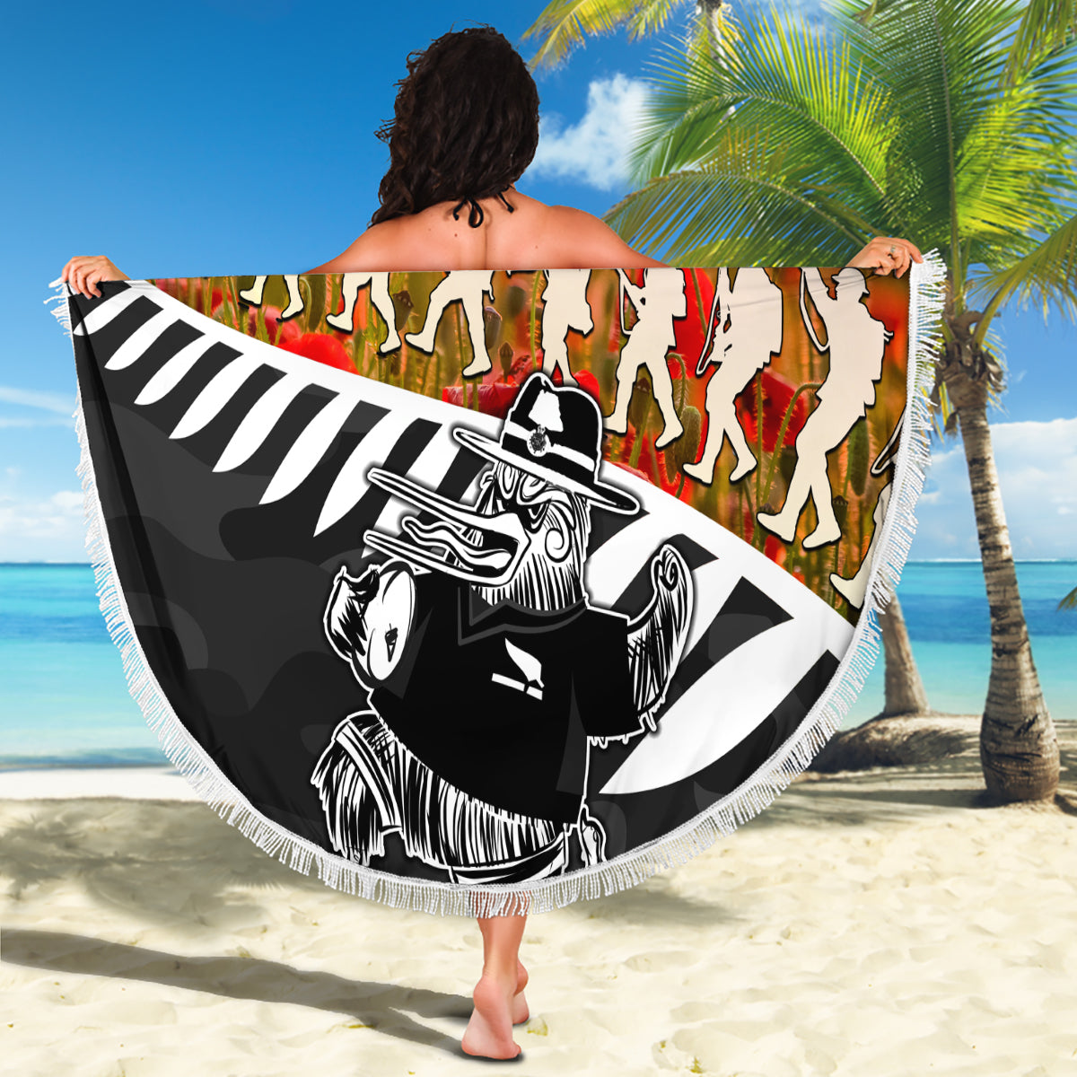 New Zealand ANZAC Rugby Beach Blanket Soldier Fern With Kiwi Bird LT05 - Polynesian Pride