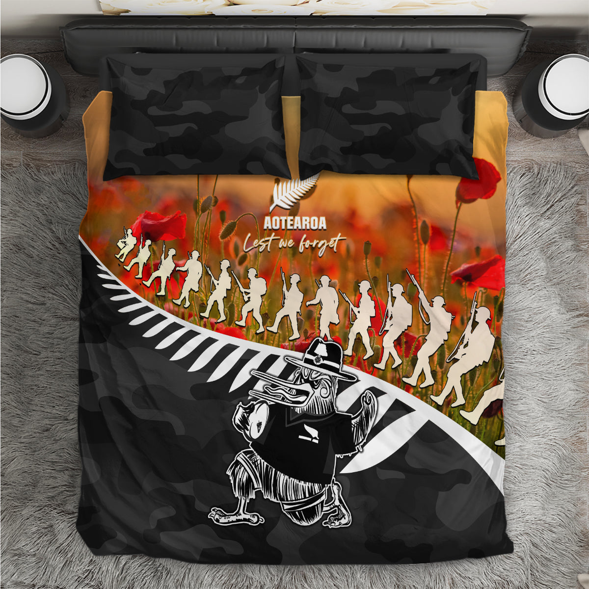 New Zealand ANZAC Rugby Bedding Set Soldier Fern With Kiwi Bird LT05 Black - Polynesian Pride