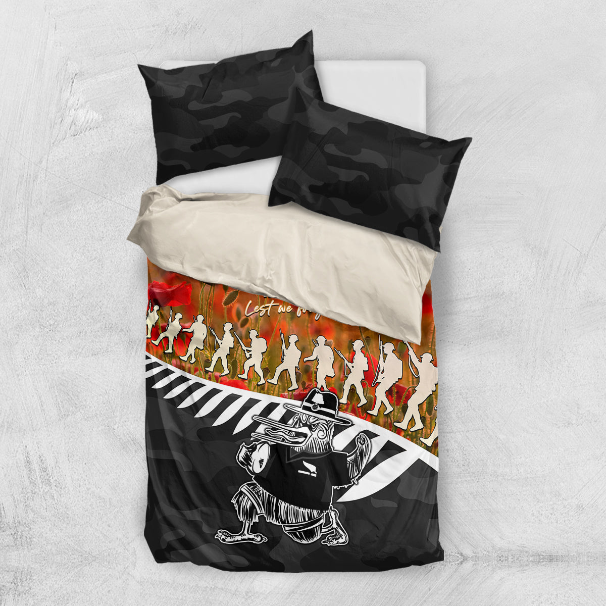 New Zealand ANZAC Rugby Bedding Set Soldier Fern With Kiwi Bird LT05 US Twin 172cm x 218cm Black - Polynesian Pride