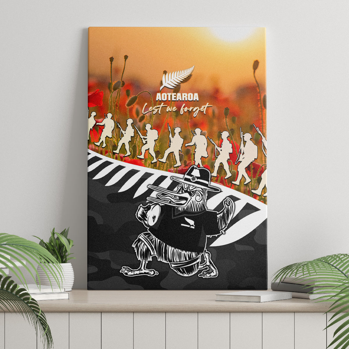 New Zealand ANZAC Rugby Canvas Wall Art Soldier Fern With Kiwi Bird LT05 - Polynesian Pride