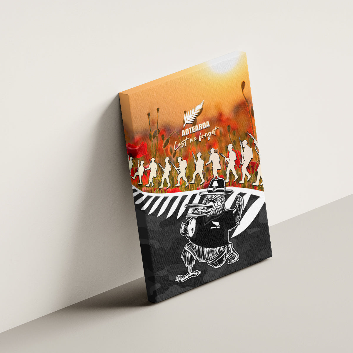 New Zealand ANZAC Rugby Canvas Wall Art Soldier Fern With Kiwi Bird LT05 - Polynesian Pride