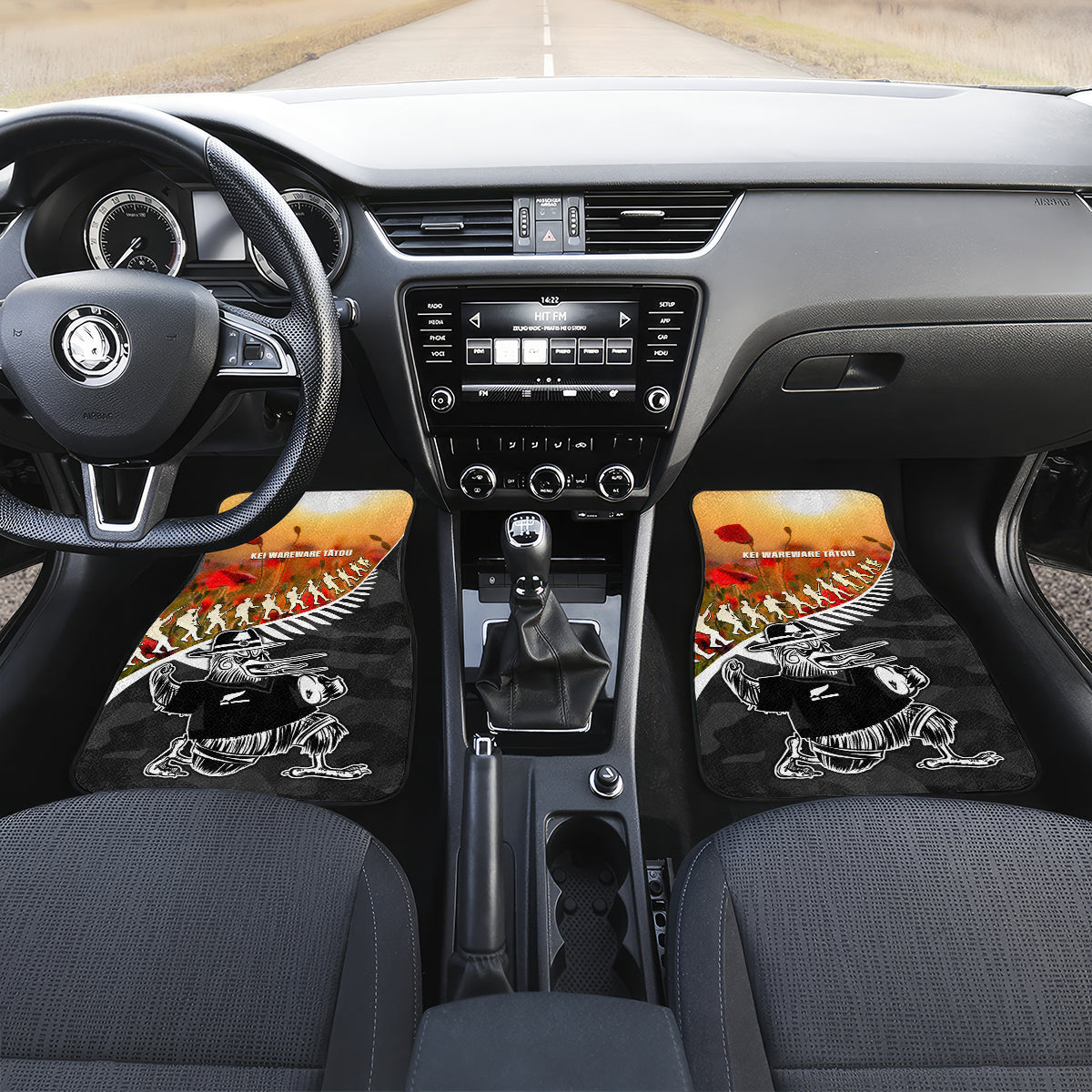 New Zealand ANZAC Rugby Car Mats Soldier Fern With Kiwi Bird LT05 Set 2pcs - Front Black - Polynesian Pride