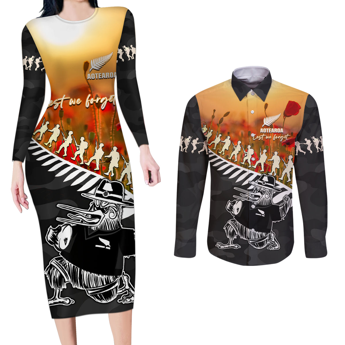 New Zealand ANZAC Rugby Couples Matching Long Sleeve Bodycon Dress and Long Sleeve Button Shirt Soldier Fern With Kiwi Bird LT05 Black - Polynesian Pride