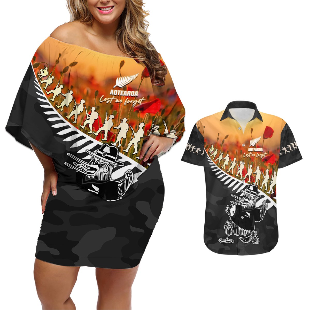 New Zealand ANZAC Rugby Couples Matching Off Shoulder Short Dress and Hawaiian Shirt Soldier Fern With Kiwi Bird LT05 Black - Polynesian Pride