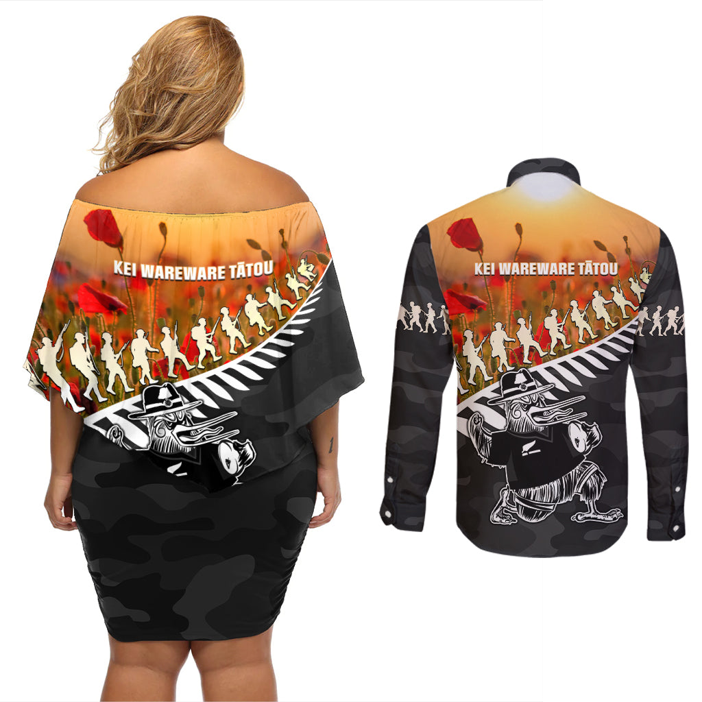 New Zealand ANZAC Rugby Couples Matching Off Shoulder Short Dress and Long Sleeve Button Shirt Soldier Fern With Kiwi Bird LT05 - Polynesian Pride
