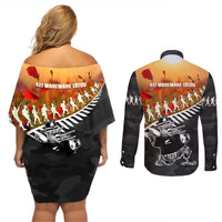 New Zealand ANZAC Rugby Couples Matching Off Shoulder Short Dress and Long Sleeve Button Shirt Soldier Fern With Kiwi Bird LT05 - Polynesian Pride