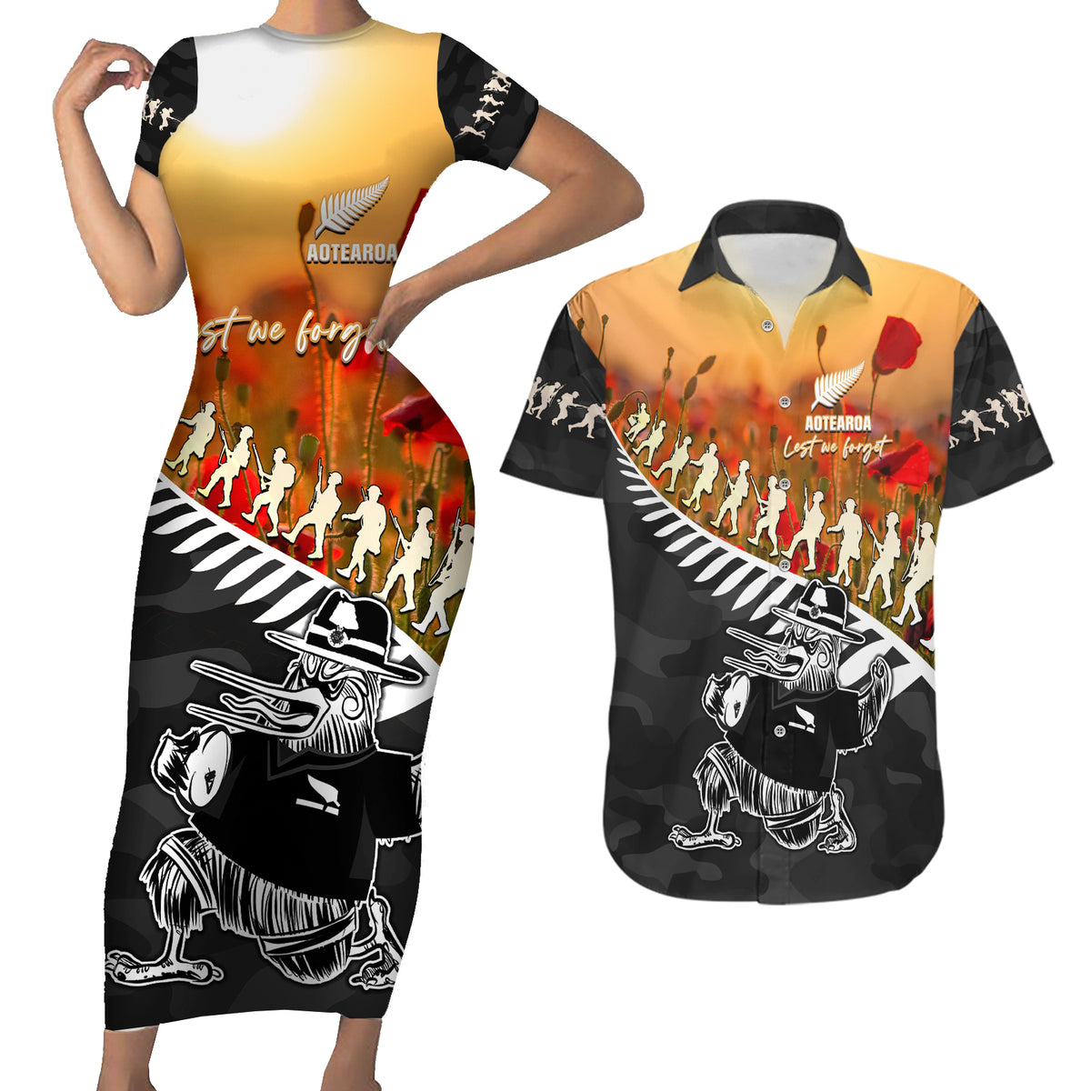 New Zealand ANZAC Rugby Couples Matching Short Sleeve Bodycon Dress and Hawaiian Shirt Soldier Fern With Kiwi Bird LT05 Black - Polynesian Pride