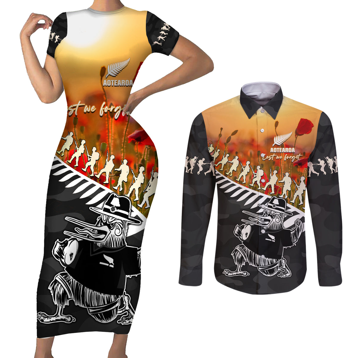 New Zealand ANZAC Rugby Couples Matching Short Sleeve Bodycon Dress and Long Sleeve Button Shirt Soldier Fern With Kiwi Bird LT05 Black - Polynesian Pride