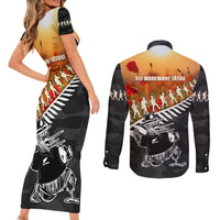 New Zealand ANZAC Rugby Couples Matching Short Sleeve Bodycon Dress and Long Sleeve Button Shirt Soldier Fern With Kiwi Bird LT05 - Polynesian Pride