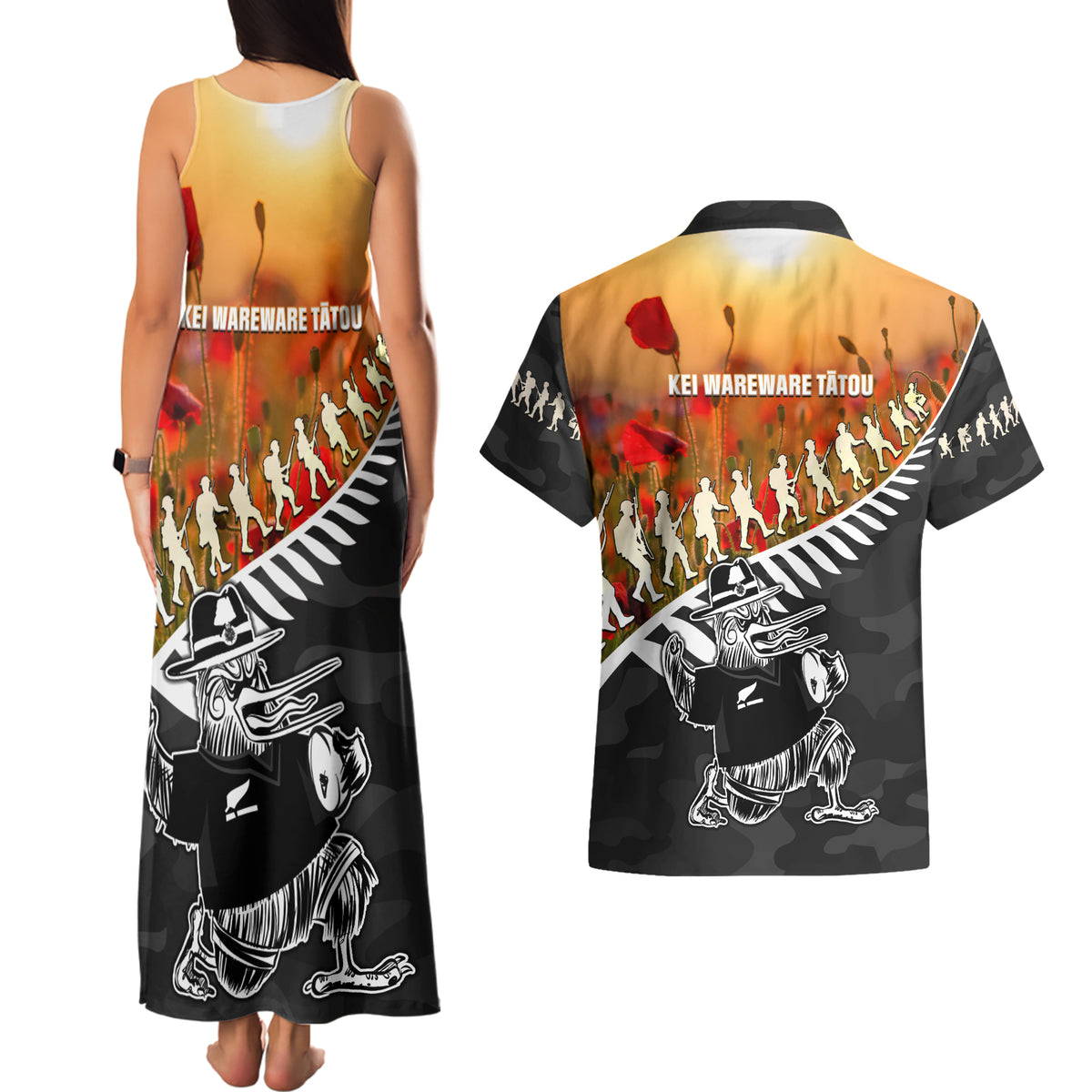 New Zealand ANZAC Rugby Couples Matching Tank Maxi Dress and Hawaiian Shirt Soldier Fern With Kiwi Bird LT05 - Polynesian Pride