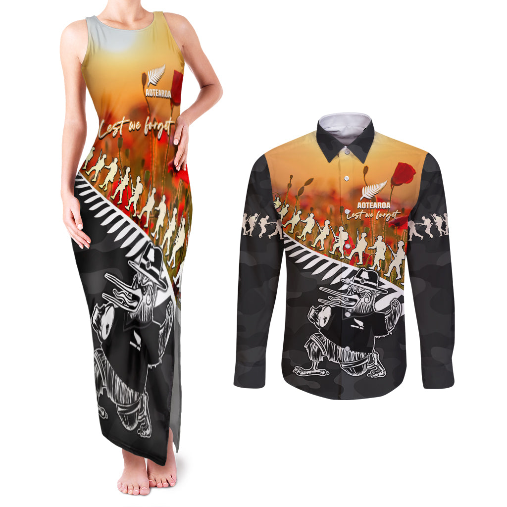 New Zealand ANZAC Rugby Couples Matching Tank Maxi Dress and Long Sleeve Button Shirt Soldier Fern With Kiwi Bird LT05 Black - Polynesian Pride