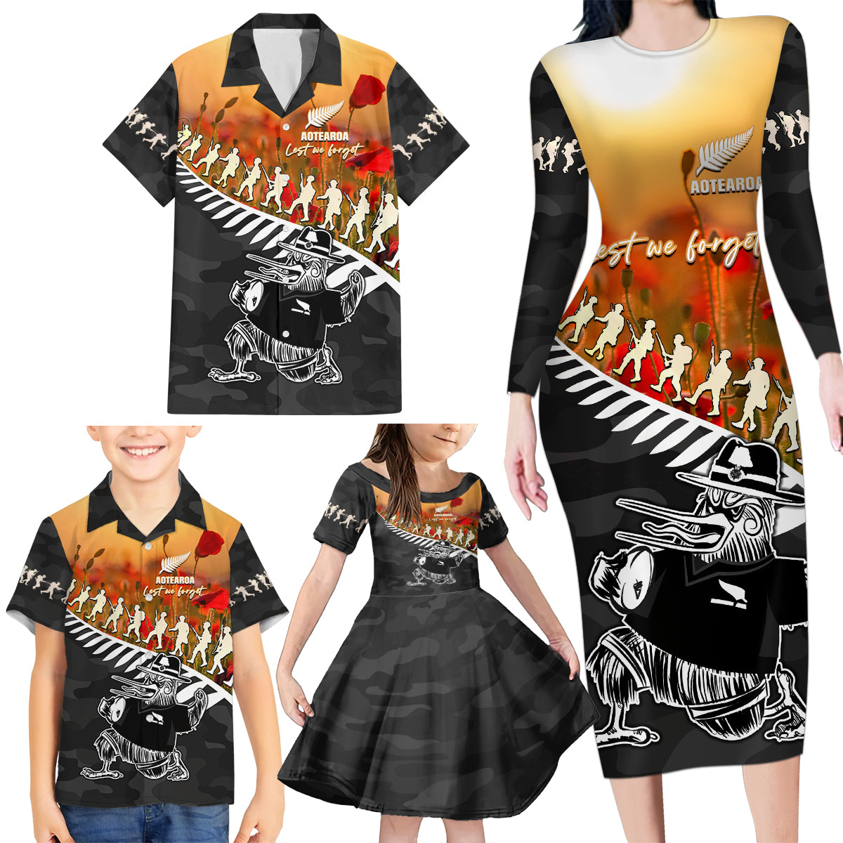 New Zealand ANZAC Rugby Family Matching Long Sleeve Bodycon Dress and Hawaiian Shirt Soldier Fern With Kiwi Bird LT05 - Polynesian Pride