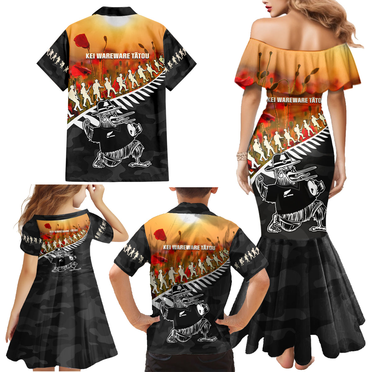 New Zealand ANZAC Rugby Family Matching Mermaid Dress and Hawaiian Shirt Soldier Fern With Kiwi Bird LT05 - Polynesian Pride