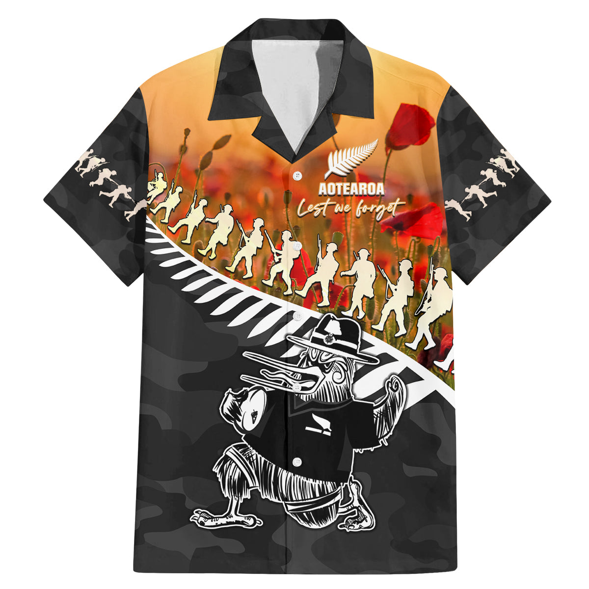 New Zealand ANZAC Rugby Family Matching Mermaid Dress and Hawaiian Shirt Soldier Fern With Kiwi Bird LT05 Dad's Shirt - Short Sleeve Black - Polynesian Pride